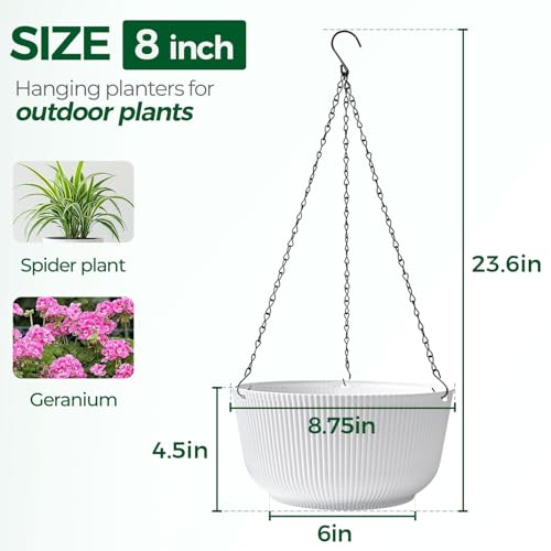 T4U Hanging Planter Self Watering 8 Inch, 2 Pack White Indoor Hanging Plant pots, Hanging Flower Pot with Drainage Hole & Plug & Chain with 3 Hooks for Garden Home Decor - color: White, size: 8 inch