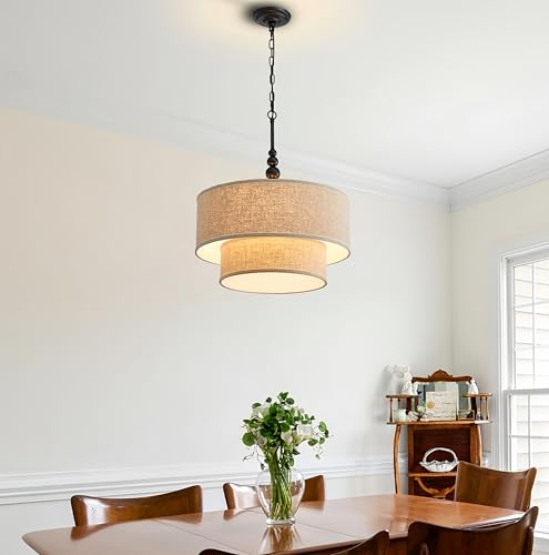 Shrine Lighting Double Drum Chandeliers, Farmhouse Style, Perfect Drum Pendant Light for Dining Room, D20'' x H10'', Adjustable Chains 55'', E12*4 Sockets, Beige Linen Fabric Lampshade & Black Rod - color: Beige&Double D20''