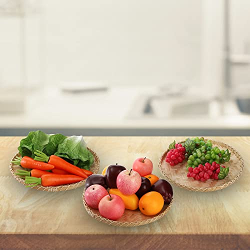 3 Pieces Handmade Bamboo Woven Basket Tray, 13 Inch Round Flat Wicker Baskets, Shallow Food Storage Serving Trays Decorative Wall Hanging Baskets for Breakfast, Fruit, Snacks (Beige)