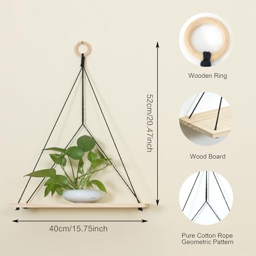 HVEST Macrame Wall Hanging Shelf Set of 2, Black Geometric Macrame Wall Art Wooden Floating Hanging Shelf Black Woven Decor Plant Hanger Handmade Woven Tapestry for Bedroom Living Room Home Decor - color: Black Beige