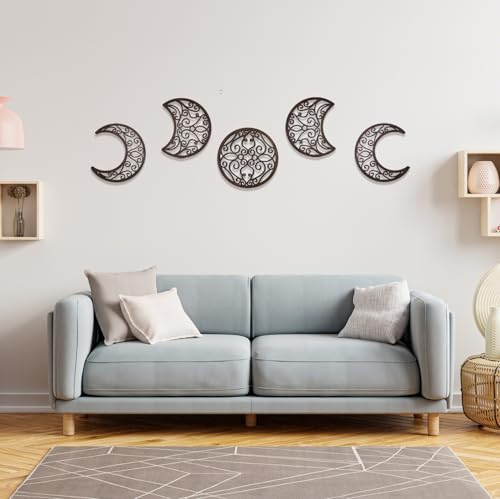 ASMANNA 5 Pcs Moon Wall Decor Wooden Moon Phase Wall Hanging Bohemian Style Bedroom Home Wall Pediment Bohemian Lunar Aesthetic Art for Bedroom Living Room Dorm Apartment Office(Brown) - color: Brown1