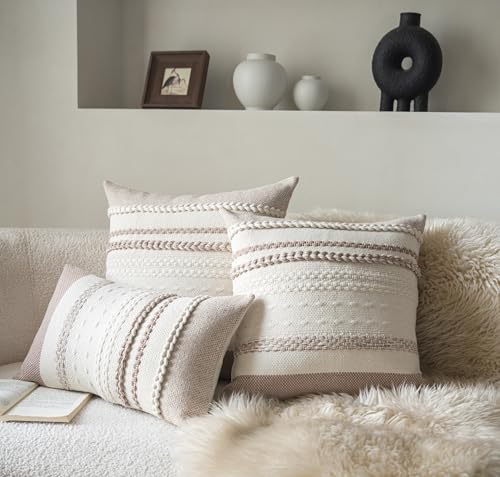 Cethom Boho Throw Pillow Covers 12x20 Inch Set of 2, Khaki Textured Decorative Couch Pillow Cases for Farmhouse Home Decor, Accent Cushion Cover for Sofa, Bed, Living Room, Bedroom - color: Khaki, size: 20" x 12" (Pack of 2)