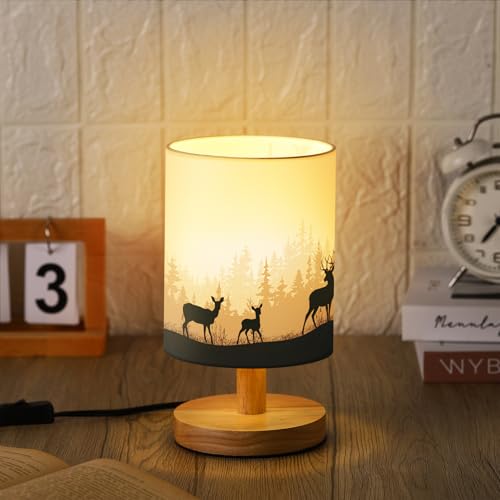VIHOSE Woodland Deer Bedside Table Lamp Watercolor Winter Forest Tree Animal Deer Nightstand Lamp with Wood Base Fabric Lamp Shade Bedside Desk Lamp for Living Room Bedroom Kids Room Office - style: Watercolor Forest Deer