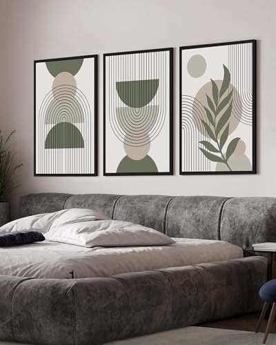 Drsoum 24x36in Large Boho Wall Art Green Sage Decor Framed Wood Modern Bohemian Abstract Geometry Canvas Prints Ready to Hang for Bedroom - Black Framed - color: green boho decor, Black Framed, size: 24" x 36"