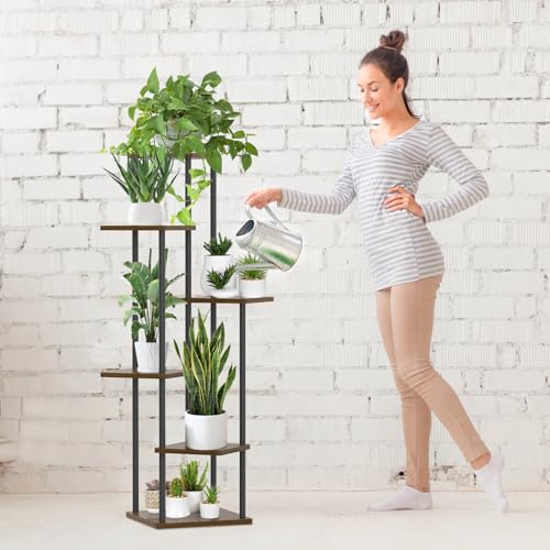 Oppro 6 Tier Plant Stand Indoor Outdoor, Tall Metal Wood Muti-Level Planter Shelf Holder, Sturdy Large Vertical Corner Orchid Flower Pot Display Rack for Narrow House Decor Office Living Room Bedroom, Oak - color: Oak-6 Tier
