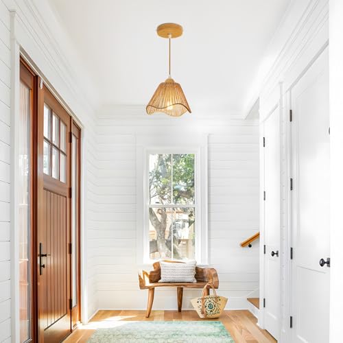 Wave Rattan Chandelier Pendant Lights Kitchen Island,Farmhouse Boho Chandeliers Adjustable Height Hanging lamp for Dining Room,Kitchen Ceiling Light Fixtures with Hand Woven Wicker Lampshade - size: 1 Pack