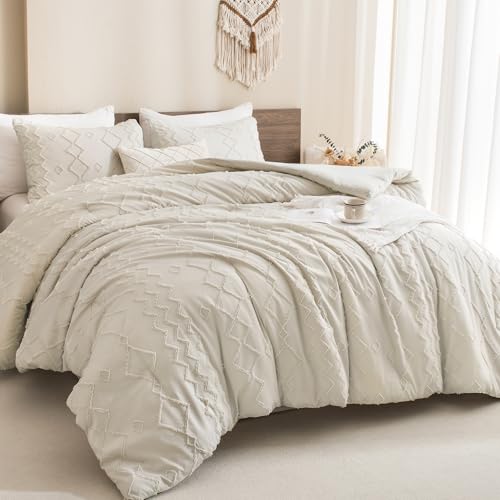 Andency King Comforter Set Beige, Textured Farmhouse 3 Pieces (1 Boho Comforter, 2 Pillowcases), Soft Down Alternative Geometric Bedding Set (104x90 Inch) - color: 04 - Beige, size: King(104"x90")