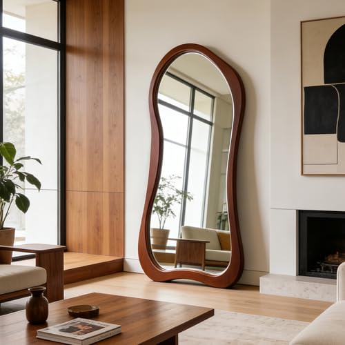 Large Irregular Floor Mirror, 67"x31.5" Organic Shape Mirror with Solid Wood Frame, Asymmetrical Full Length Mirrors for Entryway Hallway Bedroom Cloakroom Living Room, Leaning/Wall-Mounted - color: Walnut Wood Frame, size: 67"L x 31.5"W