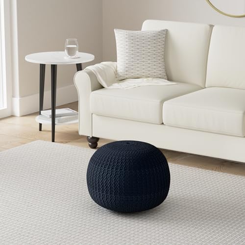 Urban Lifestyle Round Knit Pouf - Hand Woven Cotton, Navy - color: Indigo/Navy