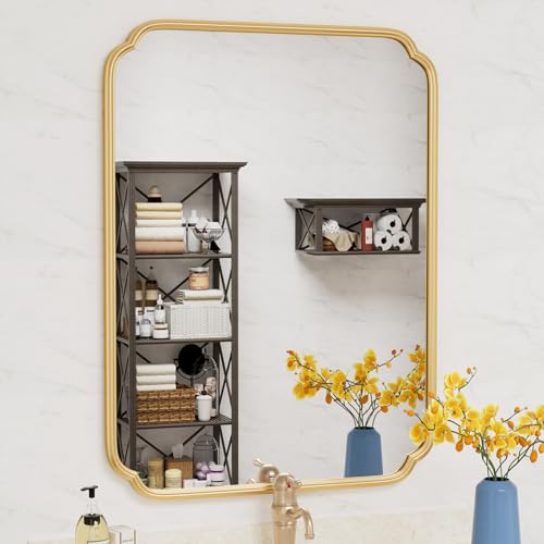 Ferytange 30" x 40"Gold Bathroom Mirror for Over Sink, Modern Rounded Corner Rectangle Wall Mirror for Bathroom Vanity Decorative with Non-Rusting Iron Metal Framed (Horizontal/Vertical) - color: Gold, size: 40"L x 30"W