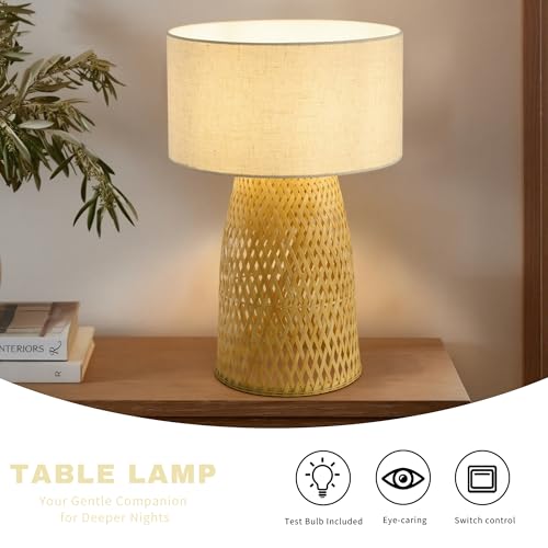 Boho Bamboo Table Lamp, Handwoven Bedside Lamp with Linen Shade, Small Natural Weave Nightstand Light for Living Room, Tea Room, Desk,Beige - color: Beige
