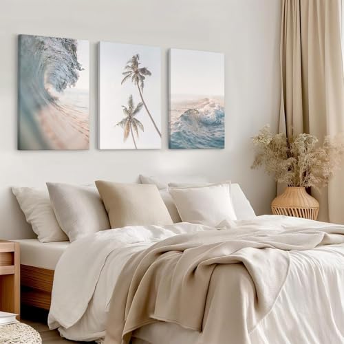 Beach Wall Art Pictures Coastal Canvas Wall Decor Ocean Waves Poster Blue Beach Scene Artwork Palm Tree Art Coastal Landscape Prints for Living Room Bedroom 12x16 Inch Wrapped Canvas Set of 3 - color: Waves Art Prints, size: 12x16 Inch Wrapped Canvas