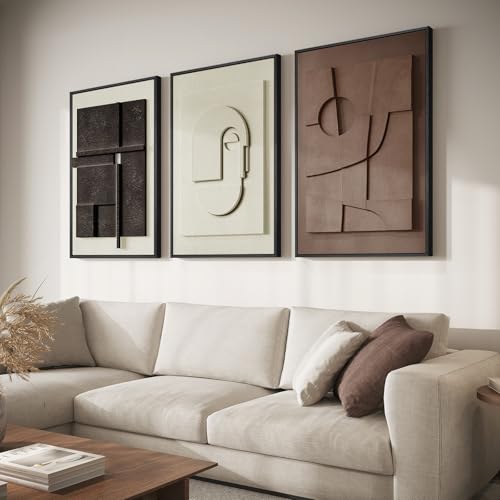 Framed Abstract 3D Textured Wall Art for Living Room, 3 Piece Modern Neutral Artwork for Walls, Brown White Geometric Sandstone Textured Painting for Bedroom, Home Office Decor-Total Size 30x60 Inch - color: Black White Brown, size: 20"w X 30"h X 3pcs