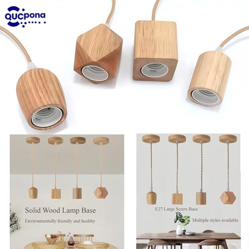 Wooden Lamp Base and Canopy 2-Pack, Modern Geometric & Cylinder Pendant Light Holder with Golden Cord, E26/E27 Socket, Ceiling Fixture Not Included (Square)