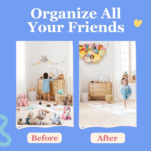 Stuffed Animal Storage Macrame Hammock w/String Lights, Large - Boho Room Decor Toy Storage - Corner Hanging Plushie Stuffed Animal Net Organizer (Mint)