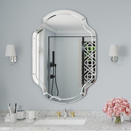 Large Mirror for Wall Decor, 40"x28" Decorative Living Room Mirrors with Scalloped Corner, Beveled Bathroom Mmirror for Entryway, Dining Room, Mantel, Hang Horizontally or Vertically - size: 40"L x 28"W