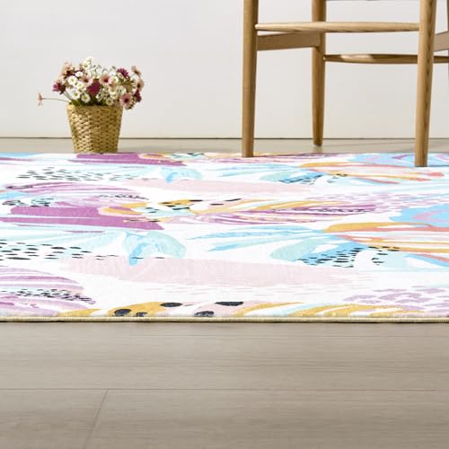 RoomTalks Tropical Leaves Washable Rug, Colorful Pink Blue Boho Cute Floral Aesthetic 3x5 Area Rugs for Bedroom Dorm Living Room Kitchen, Modern Abstract Art Palm Leaf Thin Indoor Entryway Carpet - color: Blue and Purple, size: 3 x 5 feet