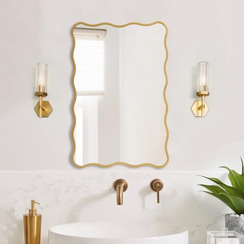 Gold Wavy Bathroom Mirror 20x30 Rectangle Scalloped Farmhous Mirror Modern Wood Farme Mirror Wall Decor for Bathroom Entryway Living Room Bedroom Hallway - color: Gold, size: 30"L x 20"W