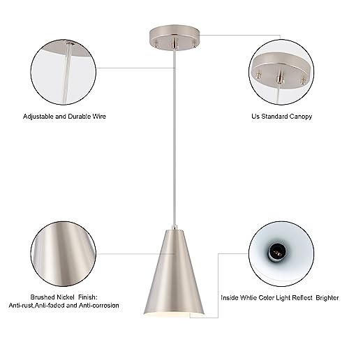 Brushed Nickel Pendant Lights Kitchen Island,Dining Room Light Fixtures Over Table 3 Pack with Silver Cone Metal Shade, Modern Farmhouse Small Chandeliers,Adjustable Cord Hanging Lighting for Sink - color: 3Pack Brushed Nickel