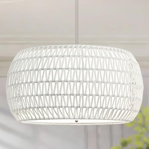 23 inch White 5 Light Rattan Chandelier Rattan Farmhouse Light Fixture Woven Pendant Lights Fabric Shade Boho Chandelier for Kitchen Dinning Room - color: 23"-White-Drum
