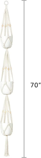Mkono Macrame Plant Hanger 3 Tier Indoor Outdoor Hanging Planter Basket Cotton Rope with Beads 70 Inches (Pots and Plants NOT Included)