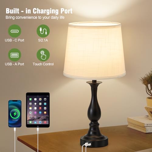 Bedside Table Lamp Touch Control Bedroom Lamps with USB A + C Charging Port 3 Way Dimmable Touch Lamps for Nightstand Living Room Bedroom Dorm Home Office Reading, Set of 2 (White Shade & Black Base) - color: White Shade & Black Base