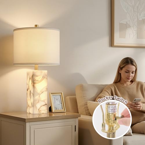 Scenekoy Alabaster Table Lamp Set of 2 with Night Light for Bedroom Living Room, 23" Rotary Switch Bedside Lamp with Linen Shade, Modern Nightstand Lamps for Room Office Dorm (Bulb Included) - color: White