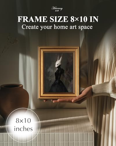 HUARCEY Gold Framed Vintage Wall Art Canvas Prints Gothic Room Decor Vintage Rabbit Lady Wall Decor, Aesthetic Dark Academia Halloween Pictures Oil Painting Goth Decorations 8x10in - color: Phantom Rabbit, size: 10"L x 8"W