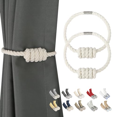 BEL AVENIR Magnetic Cotton Curtain Tiebacks, Decorative Drapery Holdbacks Modern Woven Tie-Backs with Exquisite Knot (Cotton, 2 Pack) - color: Cotton, size: 2 Pack