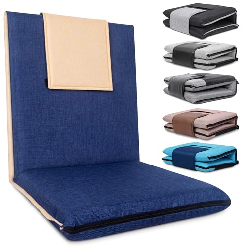 FASTMOMENT 14-Position Adjustable Floor Chair with Back Support - Portable Gound Seating for Adults & Kids, Foldable Meditation Chair with Japanese KOYO Bearings & Washable Linen Cover (Blue) - color: Blue & Yellow, style: Regular