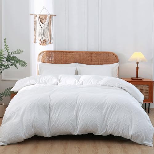 Duvet Cover Queen Size, 3PCS Boho Duvet Cover Set, Geometric Pattern Tufted Bohemian Comforter Cover Jacquard Knit Textured Bedding Set with Zipper Closure - color: White-02, size: Queen