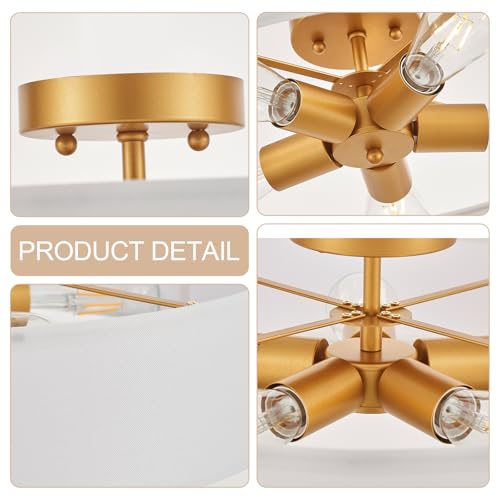 VILUXY Gold Semi-Flush Mount Ceiling Light Fixture with 24" Large White Fabric Drum Shade 5-Light for Bedroom Dining Room Entryway Round Ceiling Lamps - color: White