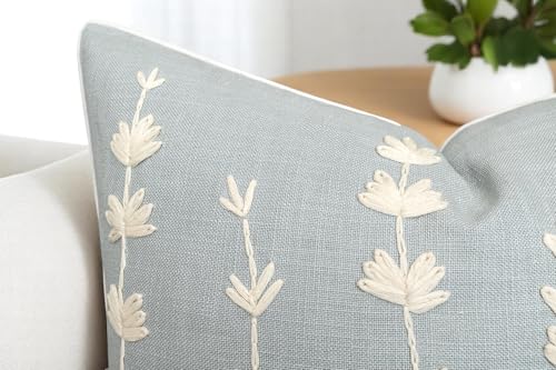 VAGMINE Embroidered Wildflower Floral 18x18 Throw Pillow Cover - Blue Grey Cotton Square Cushion for Sofa Couch Bed - Cottagecore Farmhouse Spring Decor - Daisy - color: Robins Egg-daisy, size: 18" x 18" (Pack of 1)