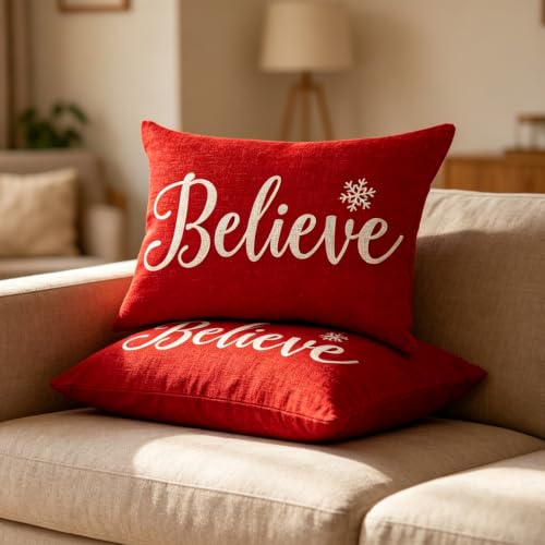 Happy Winter Snowflakes Believe Merry Christmas Throw Pillow Cover Cushion Case Cotton Linen Material Decorative Lumbar 12X20 inches - color: A