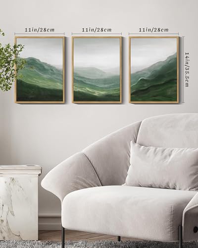 SHENIFY Fog Pine Green Tree Forest Canvas Wall Art 11x14in Framed Nordic Nature Modern Mountain Artwork Prints Decor - Natural Framed - color: Green mountains, Natural Framed, size: 11"x14"
