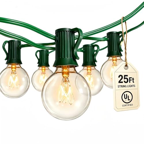 25Ft Christmas Outdoor String Light, G40 Globe Patio Lights with 27 Clear Glass Bulbs(2 Spare), Waterproof Connectable Hanging Christmas Lights for Backyard Porch Balcony Party Xmas Decor, Green Wire - color: 25FT Amber White-Green, size: 25FT