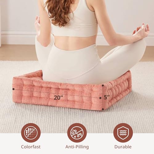 Intelligent Design Floor Pillow - Shredded Foam Filled Meditation & Yoga Cushion, Chenille Tufted, Handsewn Scalloped Edge, Oeko-TEX Certified, Azza, 20" x 20" x 5" Dusty Peach - color: Dusty Peach
