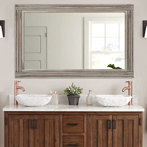 YOSHOOT Hand-Made Wooden Spliced Wall Mirror for Bathroom, Rustic Farmhouse Vanity Mirror, Décor Wall Art, Solid Wood Frame, Vertical or Horizontal Hanging - color: Spliced White Grey, size: 40"L x 30"W