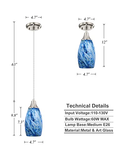 karyfine Mini Pendant Lights Kitchen Island White Blue Glass Lamp Shade Hand Blown Glass Pendant Light with Brush Nickel Finish Adjustable Cord for Kitchen Over Sink Hallway,Dining Room,Stairs Way - color: Blue white mixed yellow whirlpool-1Pack