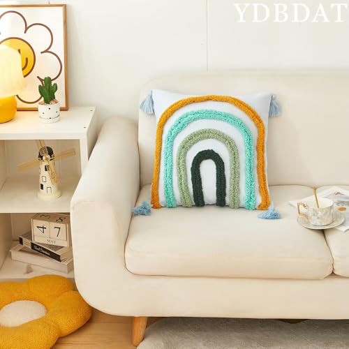 Set of 2 Boho Rainbow Decorative Textured Throw Pillow Covers 18x18 Farmhouse Colorful Tufted Pillow Covers with Tassels Woven Cushion Case for Sofa Bed Living Room Hallowmas Blue - color: Blue, size: 18" x 18" (Pack of 2)