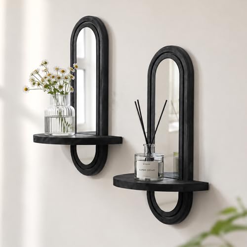 Artilady Floating Shelves with Arched Mirror, Boho Wall Decor Black Wood Wall Mounted Shelf for Bathroom Bedroom Living Room Wall Art (Black Mirror 1) - color: Black Mirror 1