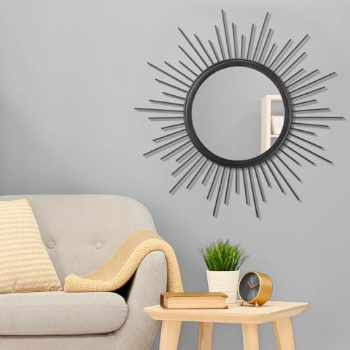 Sunburst Wall Mirror, Black Large Spoked Wall Decor Mirror Bohemian Home Round Modern Metal Wall Art Mirror for Living Room Hallway Bedroom Bathroom 24" x 24" - color: Sunburst-black, size: 24"L x 24"W