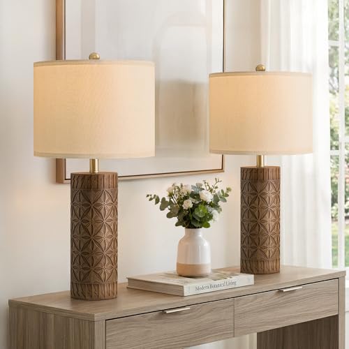 BOBOMOMO 24.25" Modern Farmhouse Table Lamps Set of 2, Geometric Wood Grain Resin Bedside Lamps for Nightstand, Rustic Lamps for Living Room, Bedroom, Entryway, Home Decor, Linen Shade - size: 24.25"
