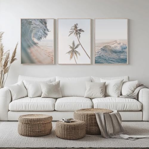 Joocrise Beach Wall Art Pictures Coastal Canvas Wall Decor Ocean Waves Poster Blue Beach Scene Artwork Palm Tree Art Coastal Landscape Prints for Living Room Bedroom 16x24 Inch Unframed Set of 3 - color: Waves Art Prints, size: 16x24 Inch Unframed