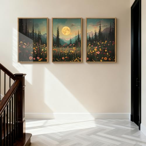 ANHUIB Moon Forest Wildflower Wall Art, Moonlit Pine Tree Wall Decor Dark Mountain Paintings Set of 3 for Living Room Bedroom Dining Room 16x24 Inch - color: Moon Night, size: 24"L x 16"W