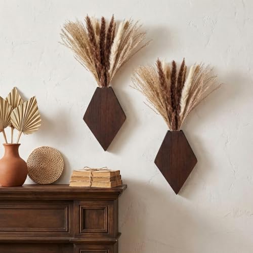 2 Pcs Bohemian Wooden Wall Planter Set with Pampas Grass Modern Farmhouse Wall Decor for Living Room, Bathroom, Bedroom, Office(Brown,Regular Style) - color: Brown, style: Regular Style