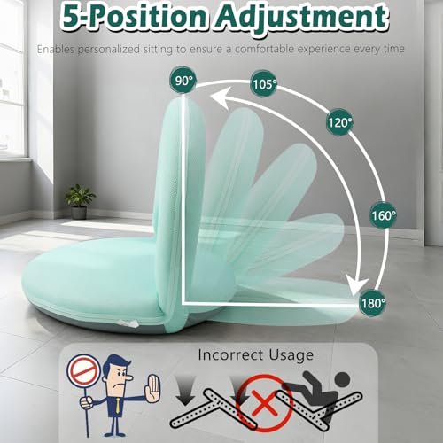 Floor Chair Floor Cushion Folding Padded Gaming Chair Adjustable 5-Position Floor Seat with Back Support for Kids Adult Great for Gaming Reading Meditating - color: Green