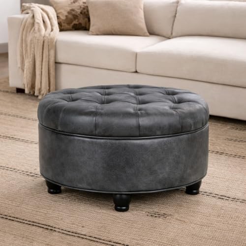 HomePop 25" Button Tufted Round Storage Ottoman - Gray Faux Leather - color: Grey