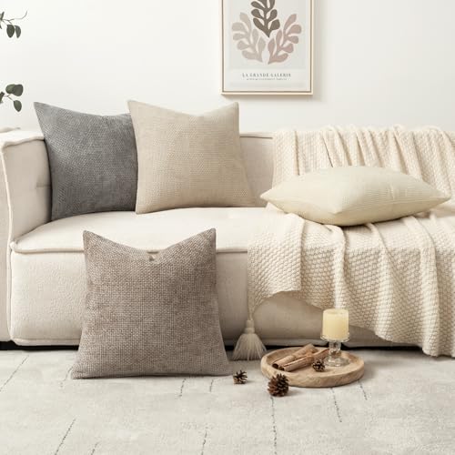 MIULEE Pack of 4 Couch Throw Pillow Covers 18x18 Inch Neutral Beige/Brown Soft Decorative Chenille Pillow Covers Farmhouse Accent Cushion Covers for Boho Spring Home Decor Sofa Bedroom Living Room - color: Neutral Beige/Brown, size: 18" x 18" (Pack of 4)
