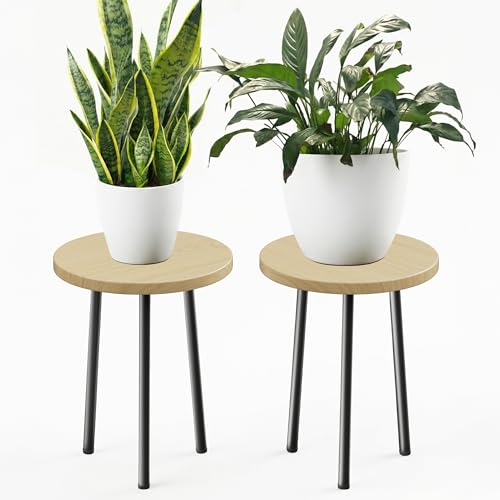 Plant Stand Indoor 14'': Indoor Plant Stand 2 Pack Metal Plant Table - Wood Plant Stool Outdoor Small Round Side End Table Mid Century Modern Decor - Home Decor - color: Burlywood, size: 14"&14"